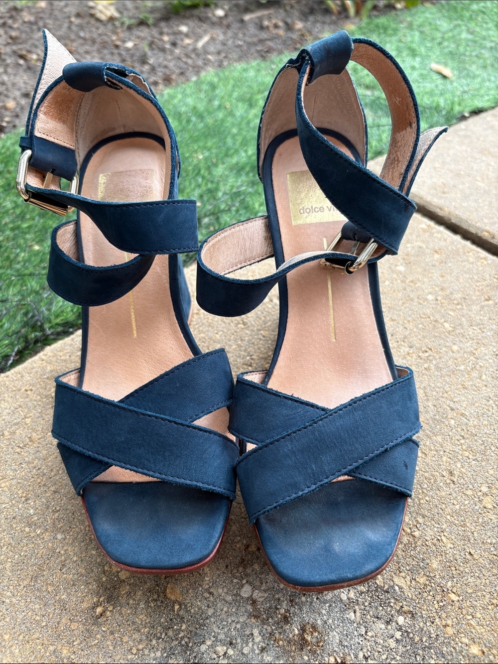 Dolce Vita Dark Blue Suede Crisscross Ankle Strap Block Heels - Picture 2 of 10
